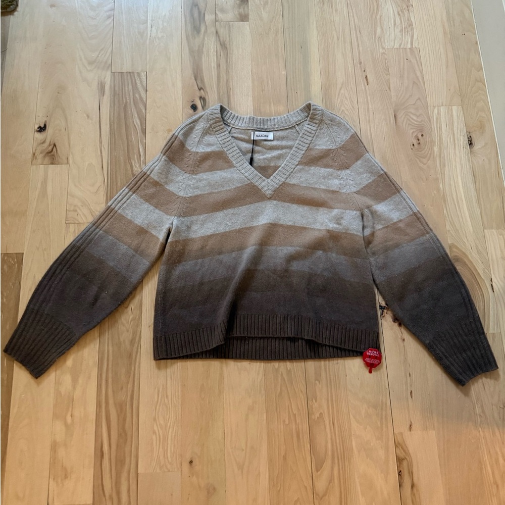 NWT NAADAM Dip Dye V-Neck Wool Cashmere Brown Stripe Sweater Size S - Picture 1 of 9